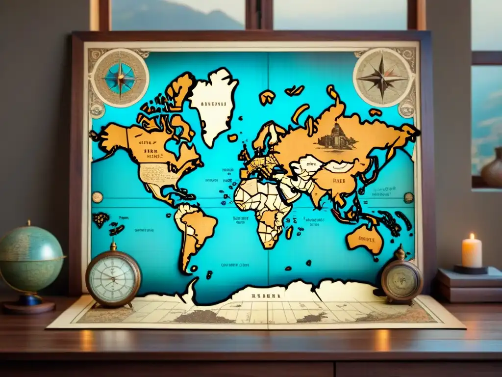 Mapa antiguo detallado en sepia sobre mesa de madera, destacando la evolución cartográfica y su influencia histórica