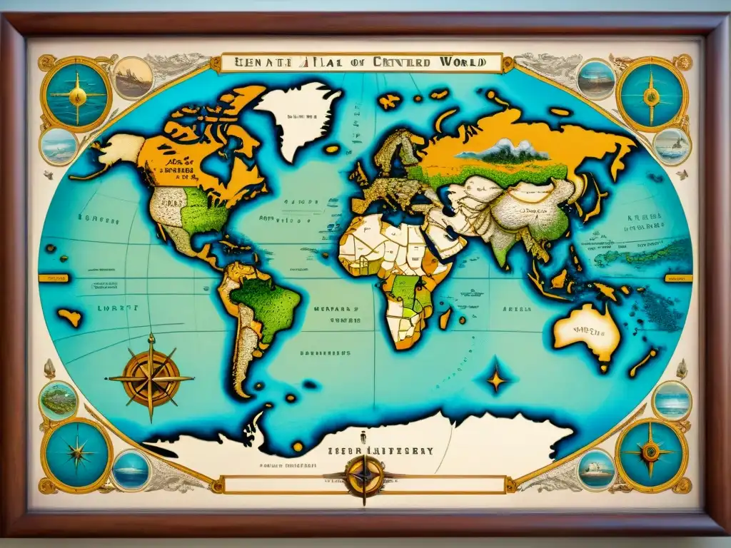 Mapa antiguo del mundo: detalle de monstruos marinos y exploradores Mapa antiguo detallado con monstruos marinos y rosas de los vientos, rodeado de exploradores y barcos históricos