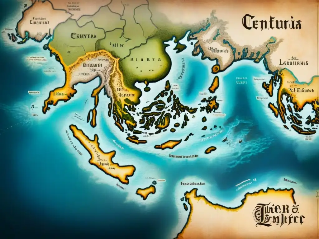 Mapa antiguo detallado con monstruos marinos y criaturas míticas, inscripciones en varias lenguas, evocando misterio