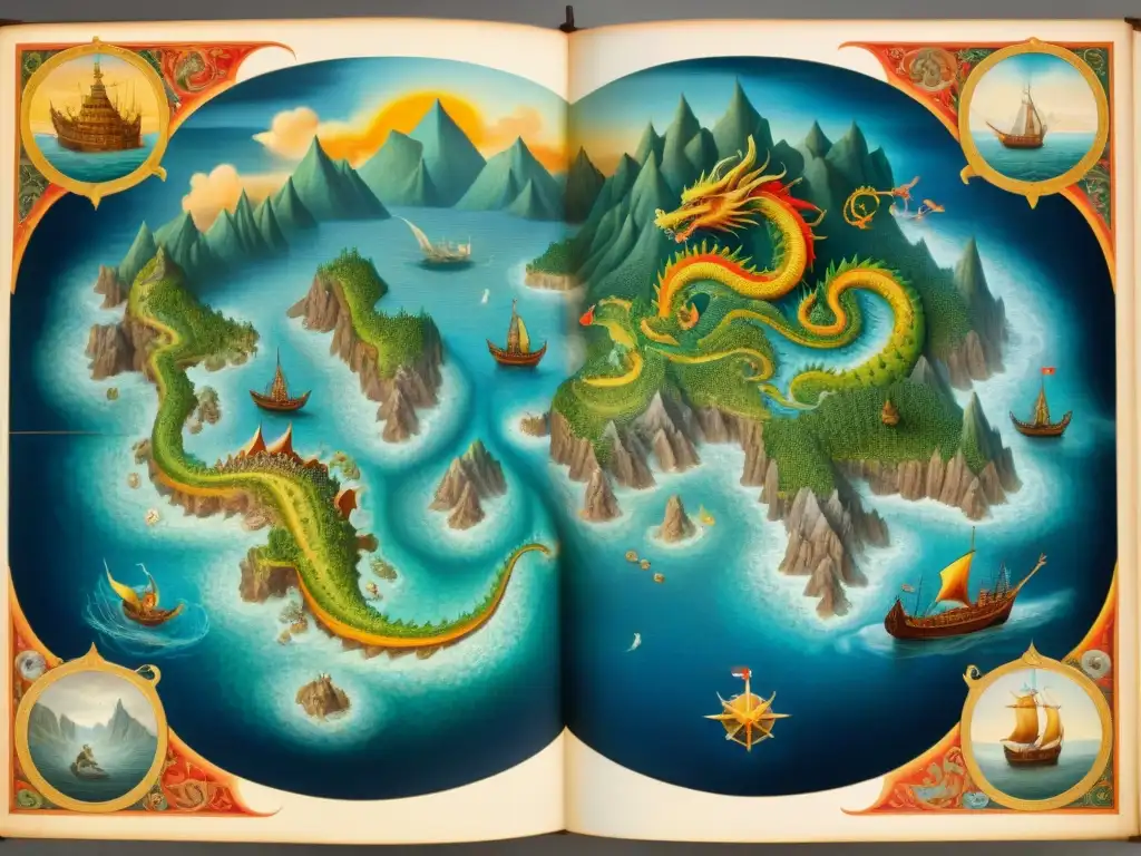Mapa antiguo del siglo XVI con monstruos marinos y dragones Mapa antiguo detallado con monstruos marinos y dragones, evocando misterio y fantasía