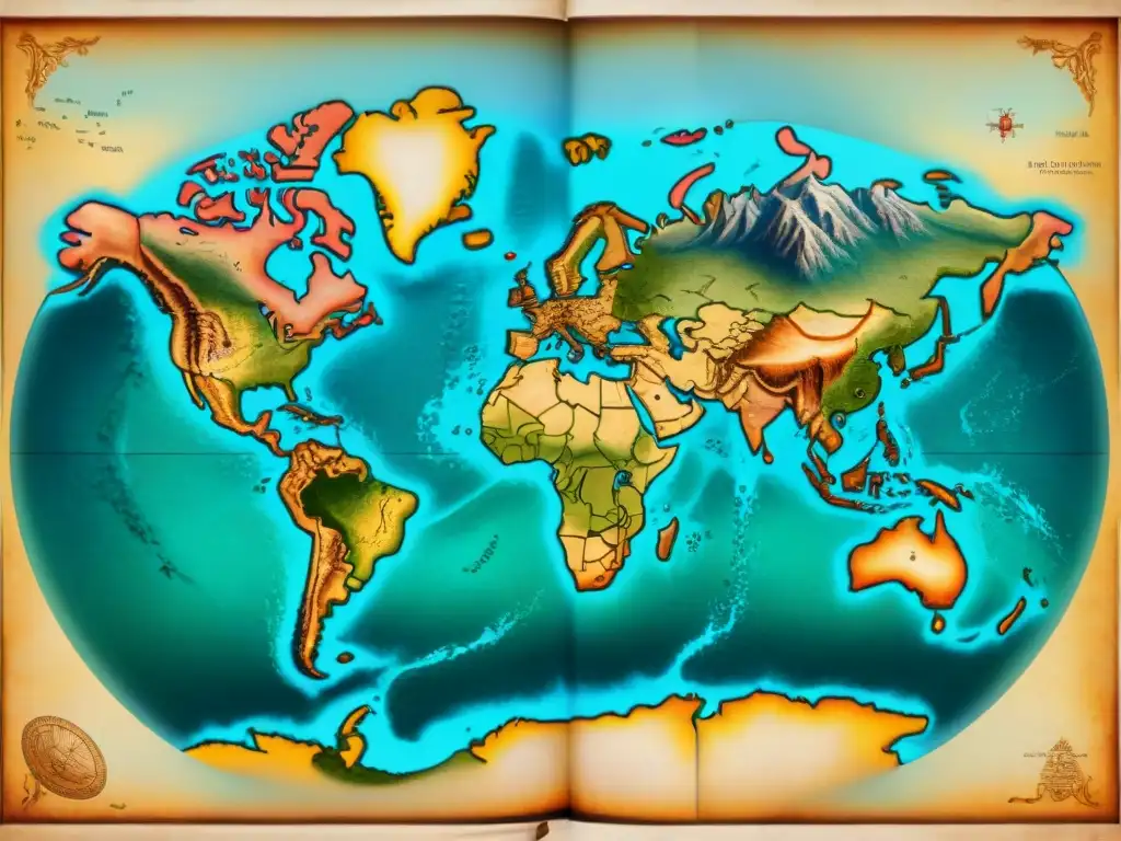 Mapa antiguo detallado en sepia: historia y cartografía Mapa antiguo detallado en sepia con monstruos marinos y rutas comerciales, evocando la evolución cartografía y mapas antiguos