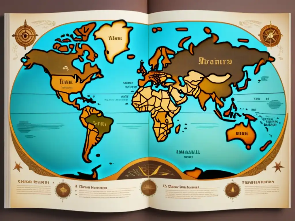 Mapa antiguo detallado con monstruos marinos y rosas de los vientos, simbolizando la fusión de cartografía tradicional en era digital