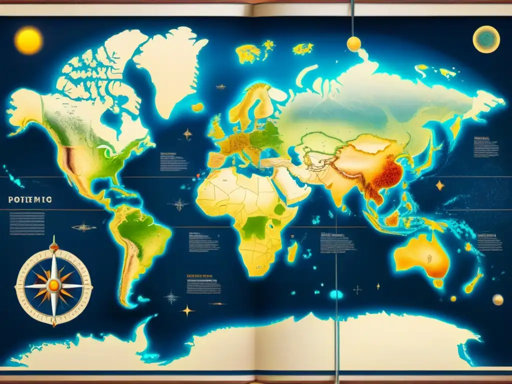 Un mapa antiguo detallado que muestra la evolución de la cartografía desde el mundo antiguo hasta la exploración del espacio