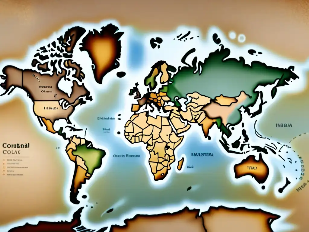 Mapa antiguo detallado del mundo con costa, montañas y etiquetas de países en tonos sepia, relevante para implicaciones legales software cartográfico