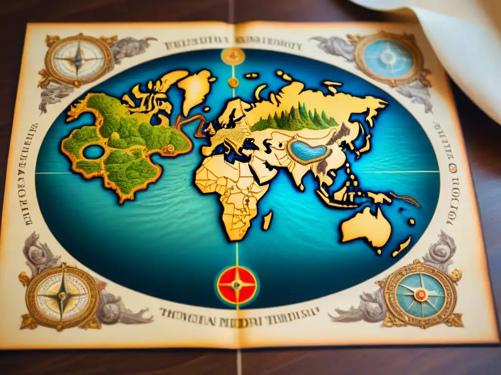 Mapa antiguo detallado del mundo, con criaturas míticas, monstruos marinos y barcos