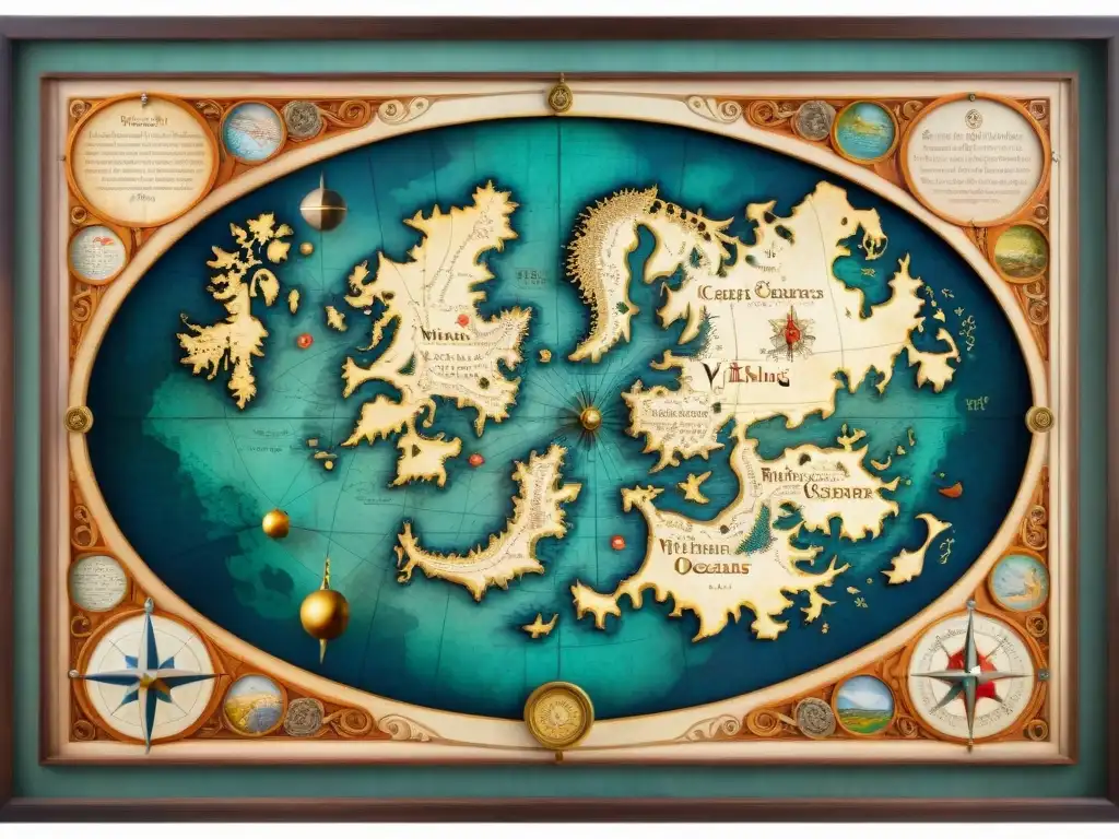 Mapa antiguo detallado en pergamino con monstruos marinos y rosa de los vientos, evocando la evolución de la cartografía vikinga