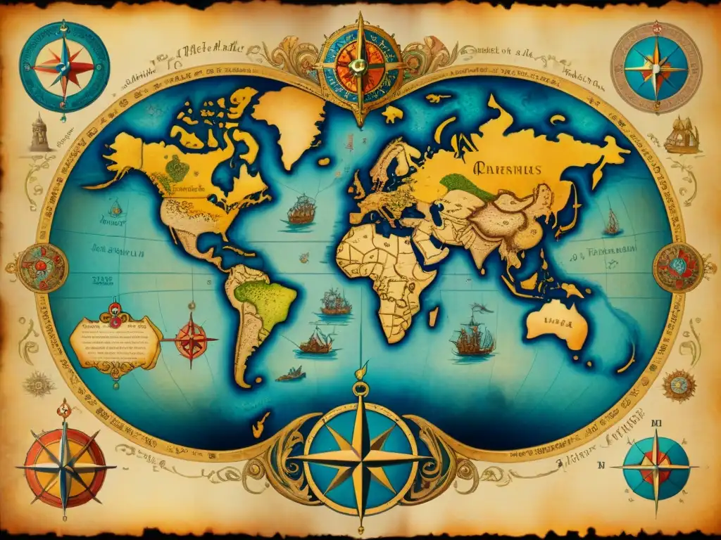 Mapa medieval detallado en sepia: monstruos marinos, criaturas míticas y rosas de los vientos, una obra de arte histórica en pergamino envejecido Mapa antiguo detallado en pergamino, con monstruos marinos y rosas de los vientos