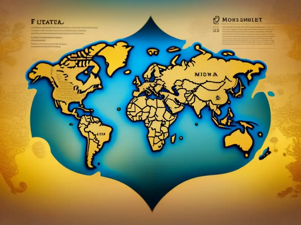 Mapa antiguo detallado en sepia en pergamino amarillento con criaturas míticas y rosas de los vientos, evocando misterio y exploración