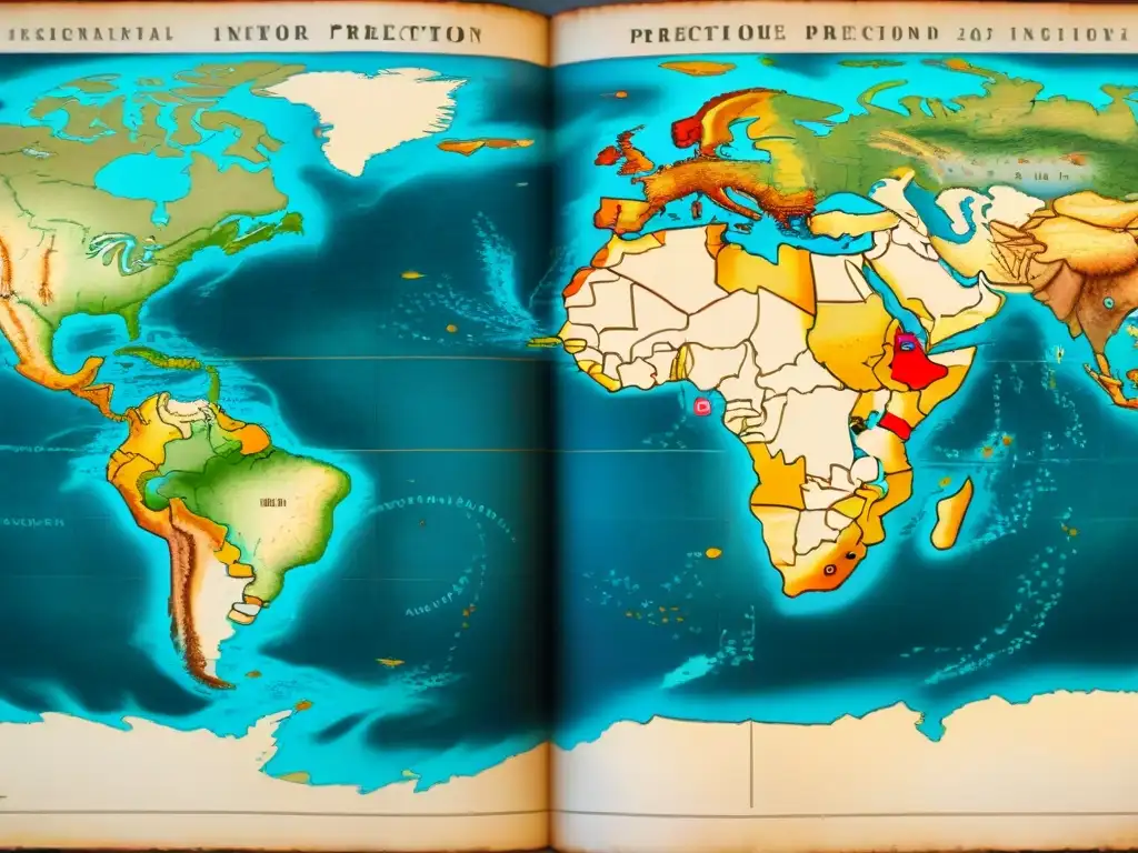 Mapa antiguo detallado en sepia con la Proyección de Mercator en cartografía, monstruos marinos y rosas de los vientos