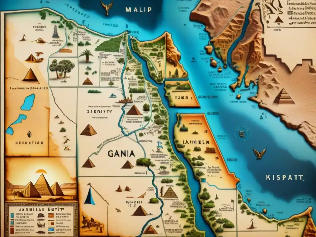 Mapa antiguo de Egipto detallado en sepia, con el río Nilo y monumentos como la Esfinge y las Pirámides de Giza