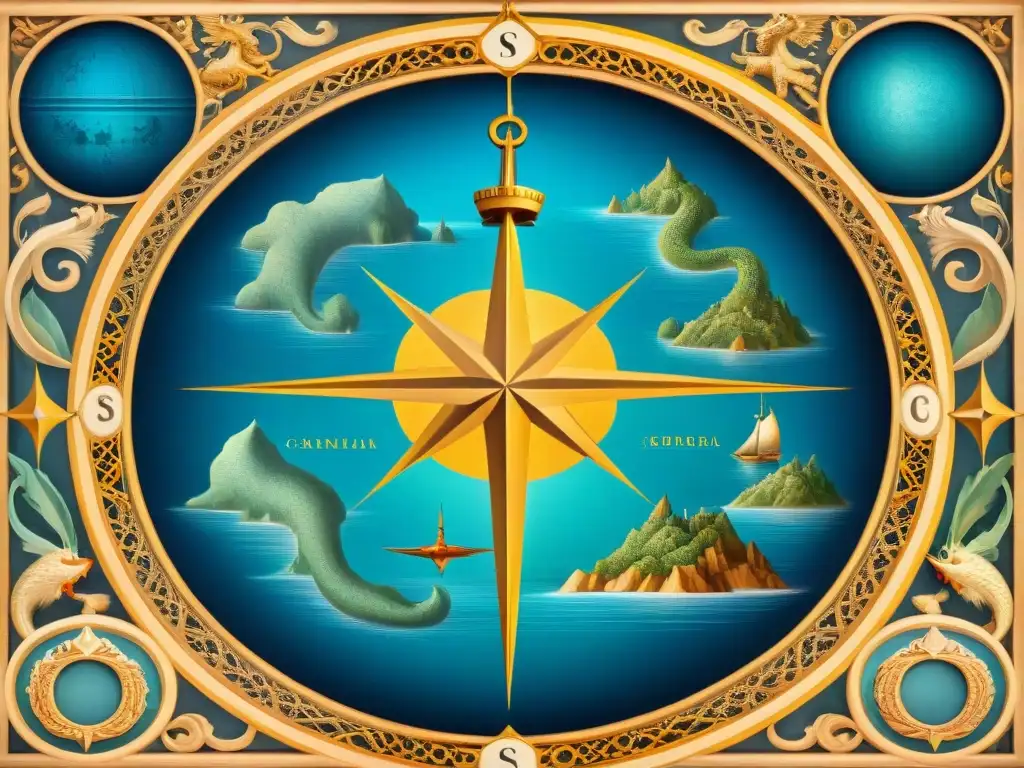 Mapa antiguo detallado en sepia con rosas de los vientos, monstruos marinos y bordes intrincados