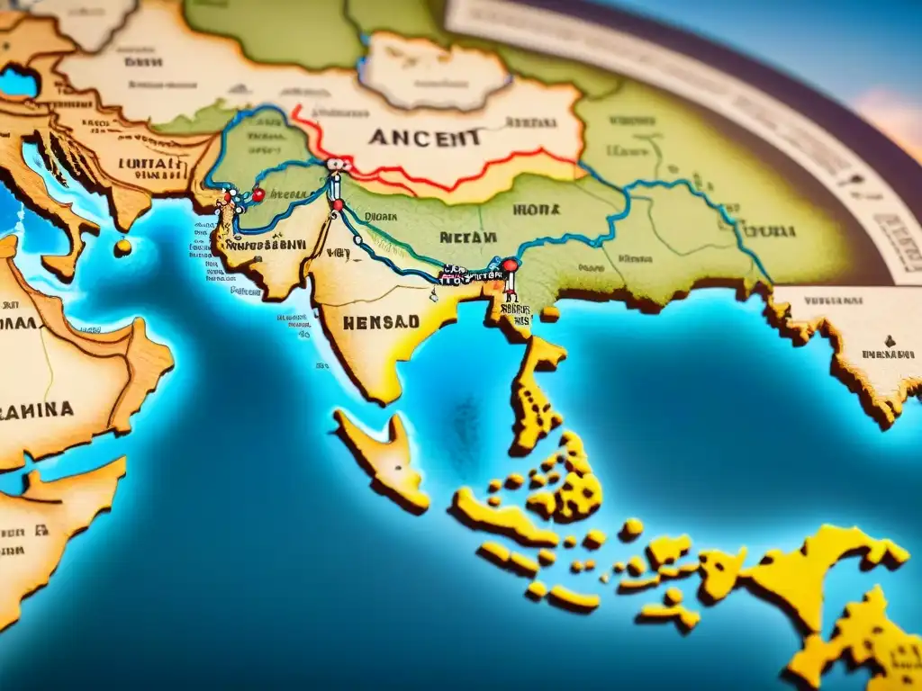 Un mapa antiguo detallado de la Ruta de la Seda, con ilustraciones de las rutas comerciales y ciudades a lo largo del viaje de Oriente a Occidente