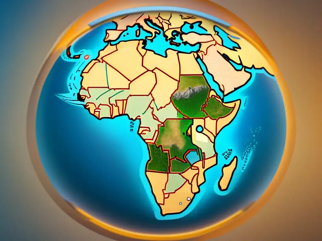 Mapa antiguo de África detallado con rutas comerciales, criaturas míticas y brújula ornamental en tonos sepia