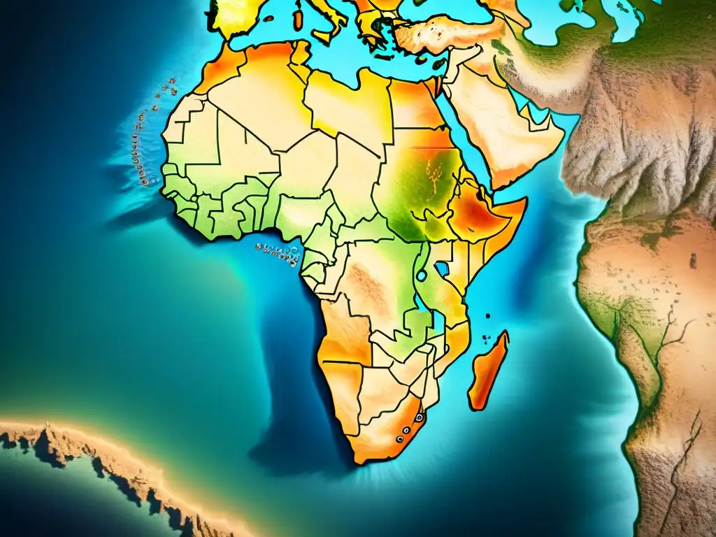 Mapa antiguo detallado de África en sepia, con rutas comerciales, relieves y un aire de misterio