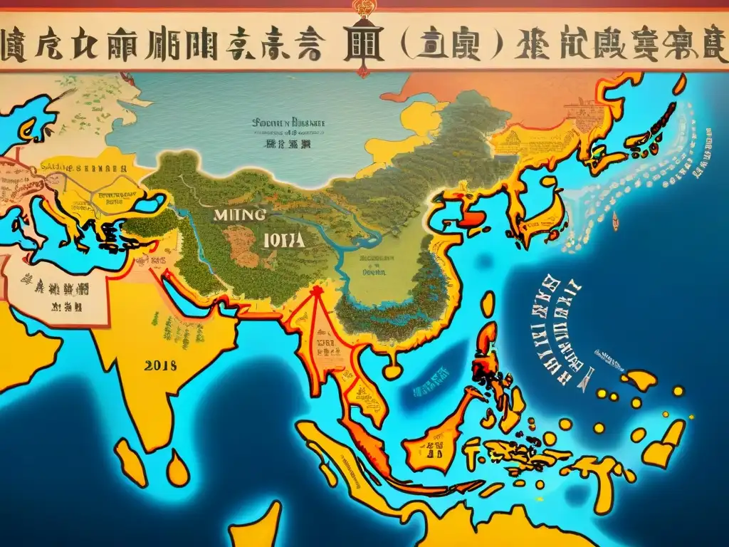 Mapa antiguo detallado de rutas comerciales, ilustraciones de barcos y puertos exóticos en tonos sepia con caligrafía tradicional