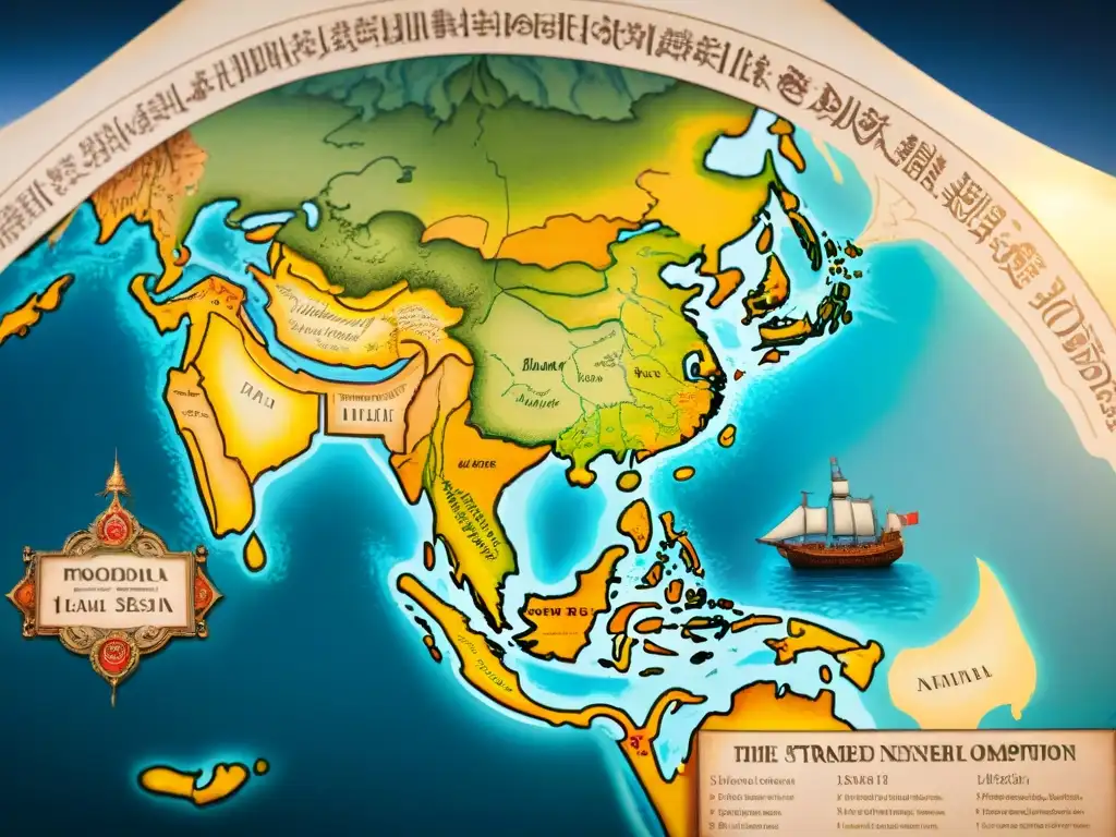 Mapa antiguo detallado del siglo XVI con rutas comerciales y criaturas míticas