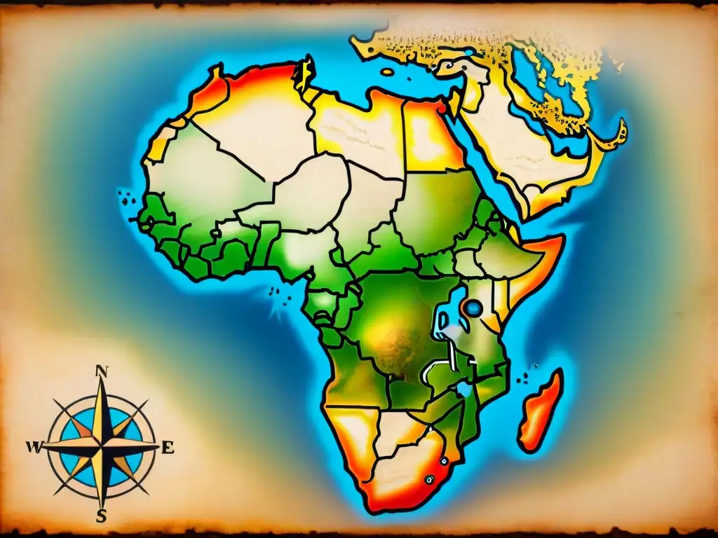 Mapa antiguo detallado de África en sepia del siglo XVI, con elementos cartográficos como monstruos marinos y rosa de los vientos