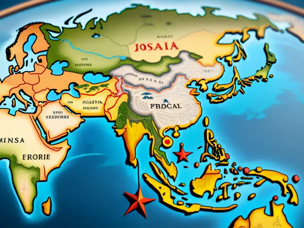 Mapa antiguo detallado de Asia, con representación de expansión territorial, ríos, montañas y barcos navegando mares