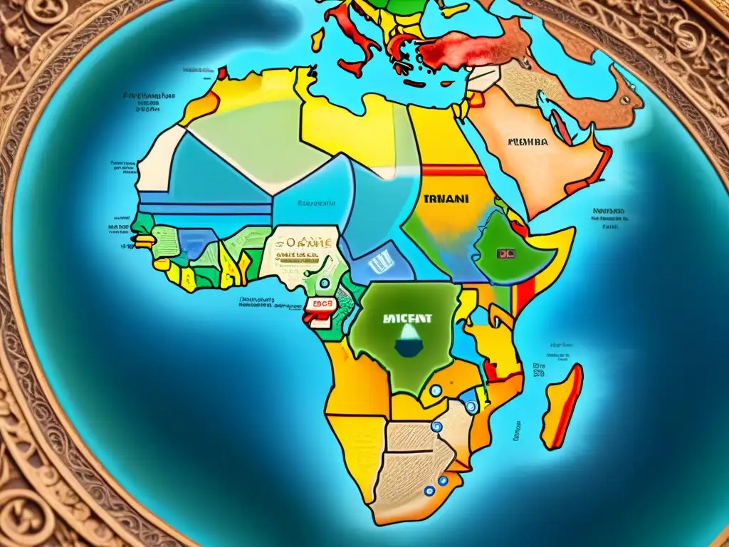 Mapa antiguo de África detallado con tesoros y secretos ocultos