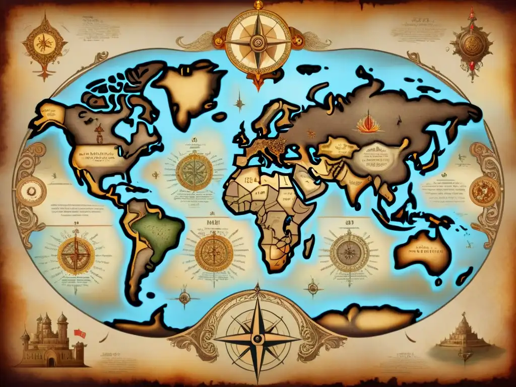 Mapa antiguo detallado en tonos sepia con criaturas míticas y seres celestiales, adornado con rosas de los vientos y representaciones divinas