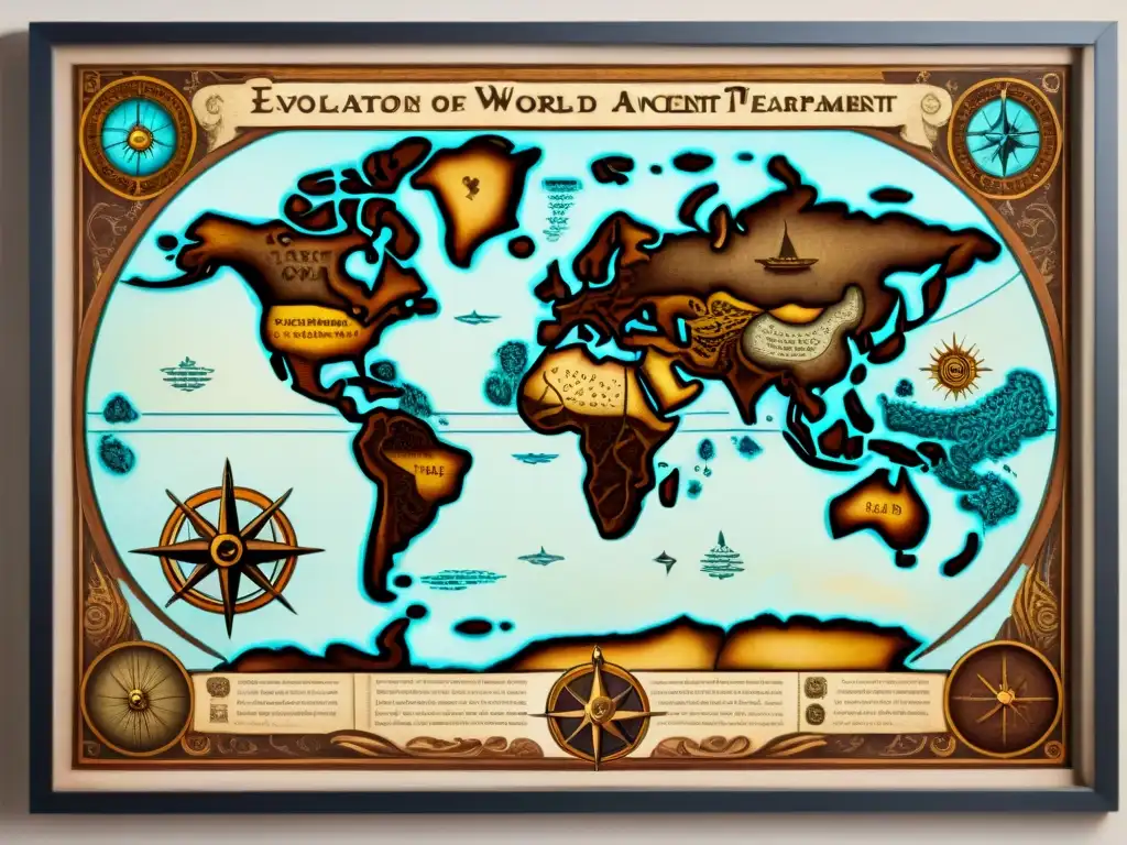 Mapa antiguo detallado en pergamino sepia Mapa antiguo en sepia con detalles cartográficos, exploradores y criaturas míticas