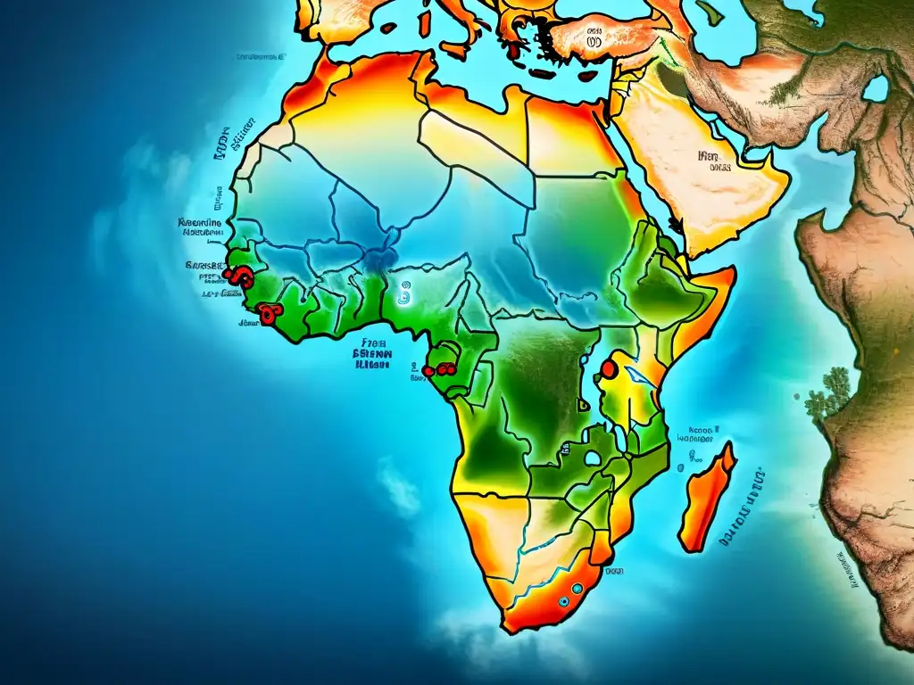 Mapa antiguo sepia de África con detalles de costas, ríos y cordilleras, y marcas de rutas comerciales, evocando misterio y exploración