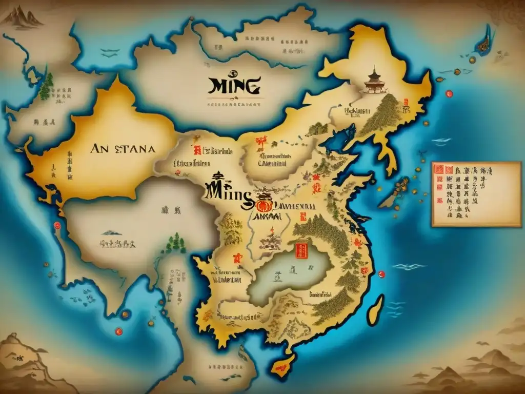 Mapa antiguo de la dinastía Ming: ilustración detallada en sepia con intrincados detalles cartográficos y decorativos