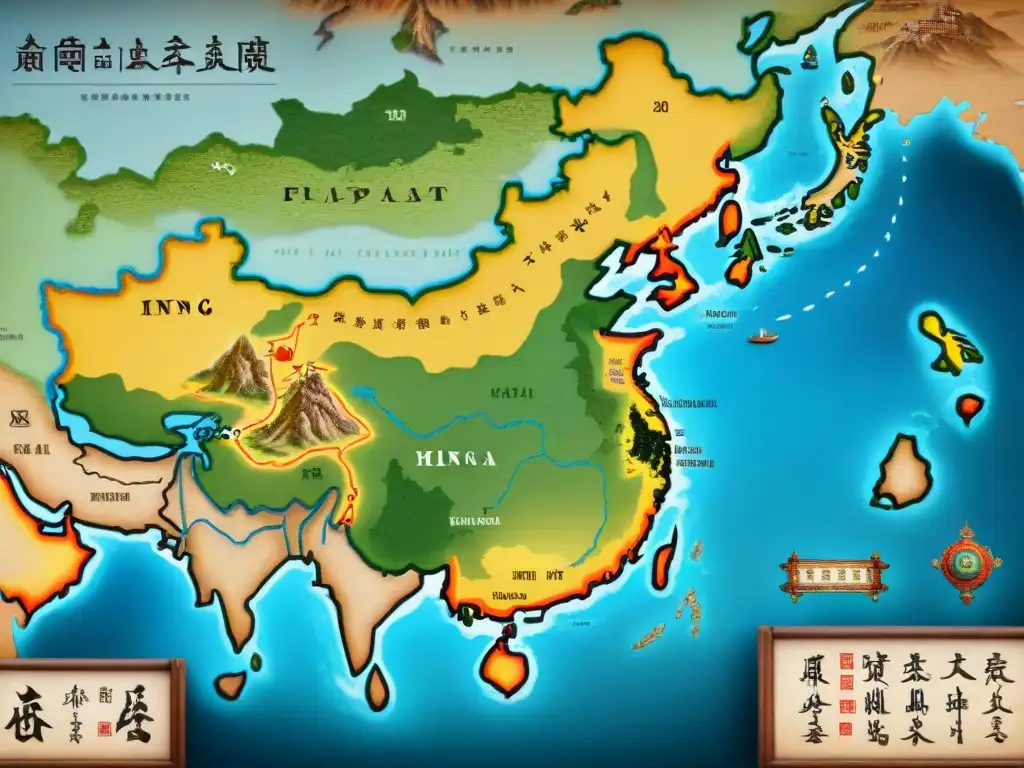 Mapa antiguo de la dinastía Ming: detallado y elegante, muestra rutas comerciales, montañas y ciudades, rodeado de decoraciones ornamentales