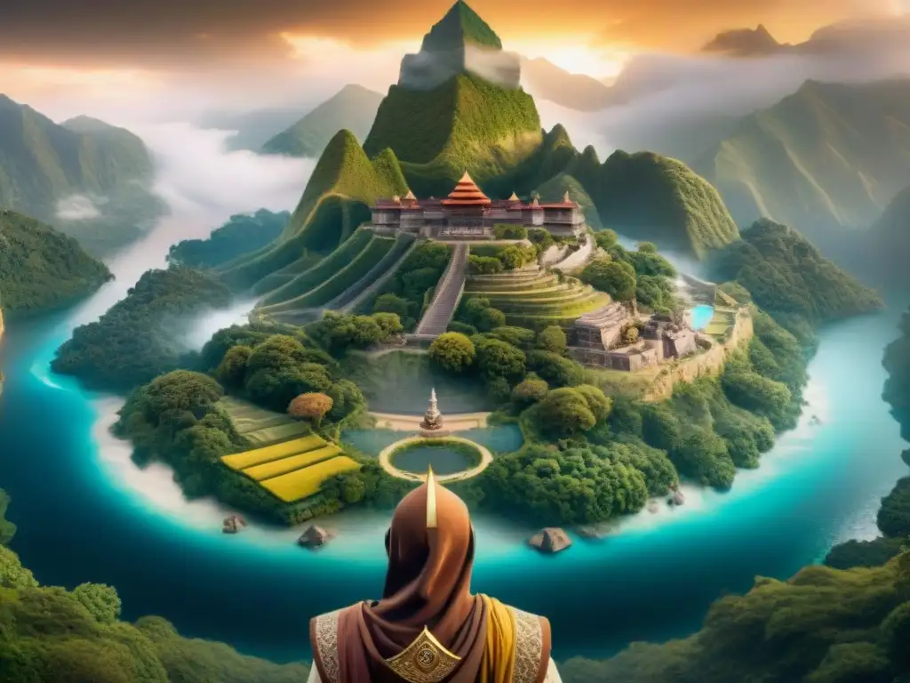 Un mapa antiguo intrincado con criaturas míticas y una representación divina en sepia