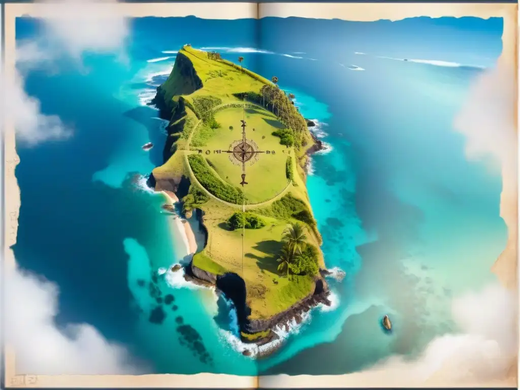 Un mapa antiguo de Isla de Pascua con detalles topográficos, símbolos misteriosos y Moai