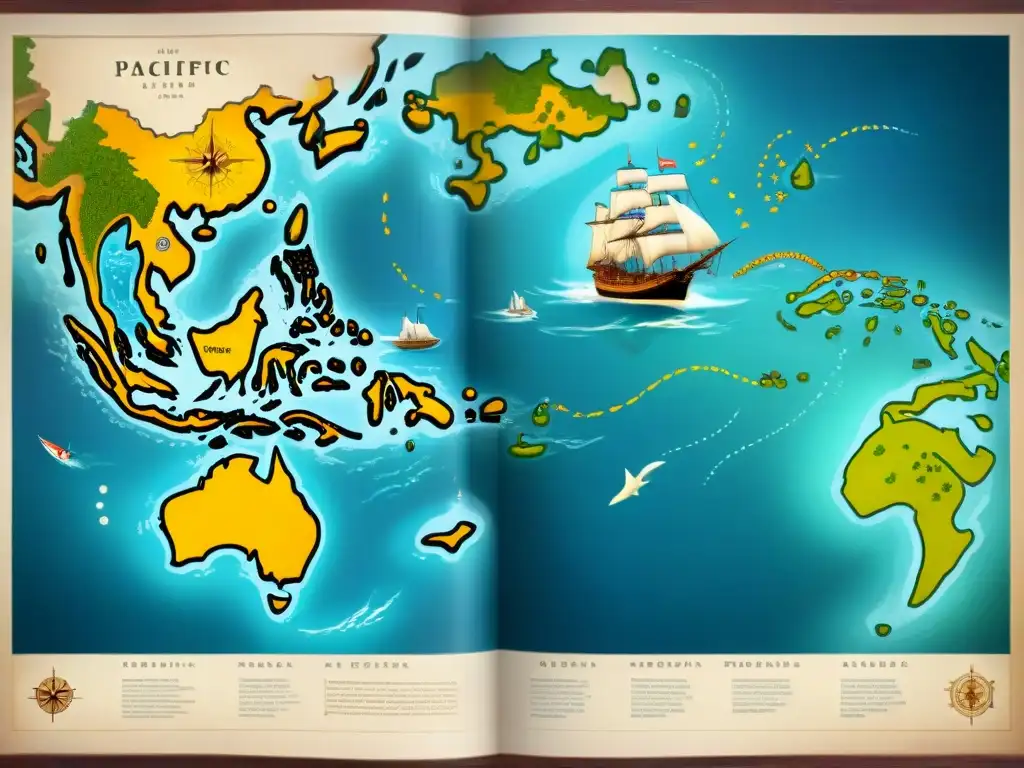 Un mapa antiguo del Pacífico con islas fantasma, criaturas marinas y barcos, en tonos sepia