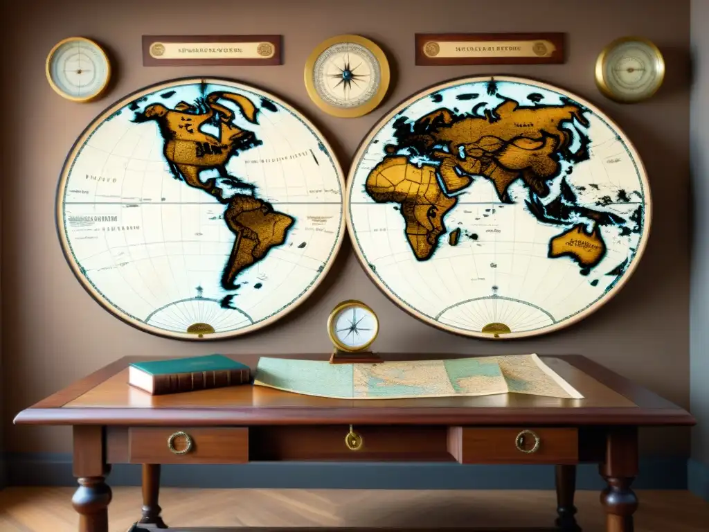 Mapa antiguo en mesa de madera con brújulas y atlas: exploración histórica Mapa antiguo en sepia sobre mesa de madera rodeado de instrumentos de navegación, evocando la importancia de la cartografía en la geopolítica mundial