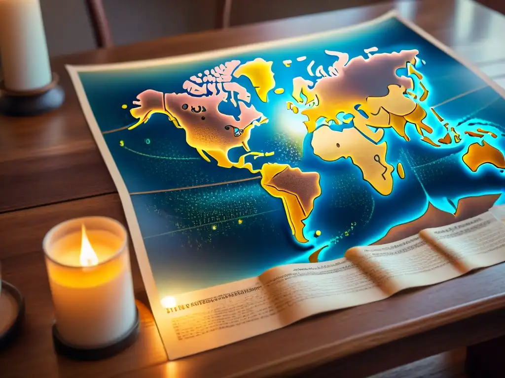 Mapa antiguo en mesa de madera iluminado por vela, evocando historia de la cartografía digital