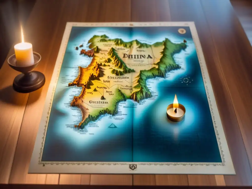 Mapa antiguo sobre mesa de madera iluminado por vela, evocando historia y exploración en la evolución de la cartografía digital