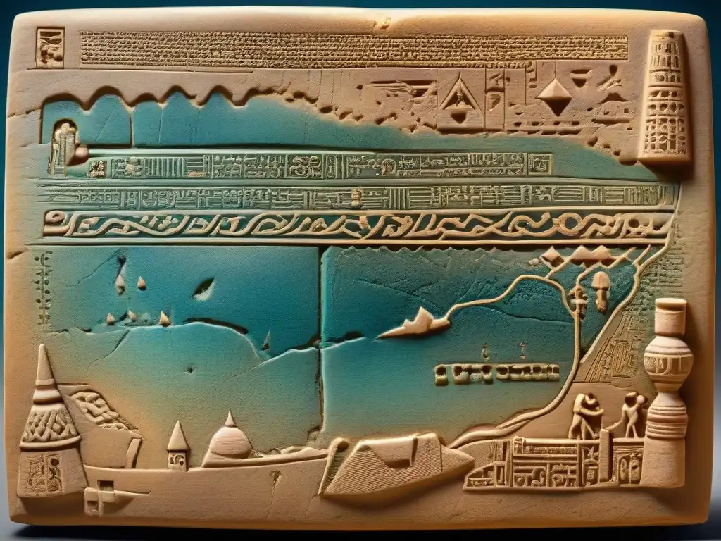 Mapa antiguo de Mesopotamia con cuneiforme y ríos Eúfrates y Tigris, ciudades y rutas comerciales