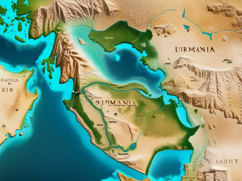 Mapa antiguo de Mesopotamia con detalles geográficos, rutas comerciales y ciudades ancestrales como Babilonia y Ur