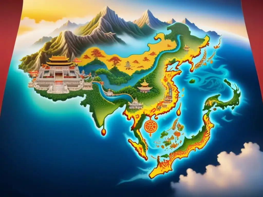 Mapa antiguo de la mitología china con seres celestiales, dragones y criaturas místicas, influencia cartografía