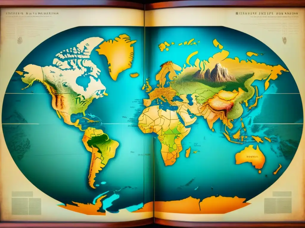 Mapa antiguo del mundo en sepia con detalles precisos y brújulas desgastadas