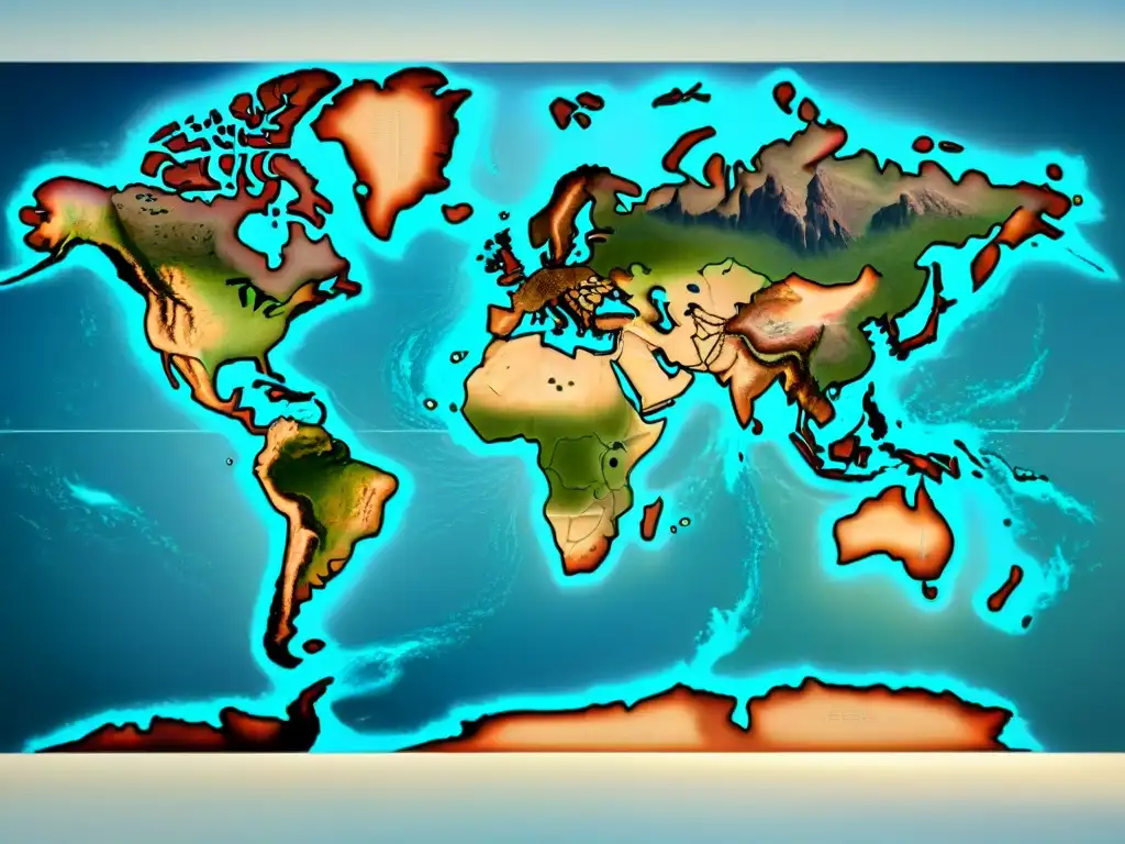 Mapa antiguo sepia del mundo con detalles costeros, montañas y rosas de los vientos