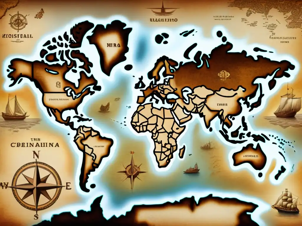 Mapa antiguo detallado en pergamino: criaturas míticas y navegantes Mapa antiguo en pergamino con detalles cartográficos y criaturas míticas, mostrando la importancia cartografía en geopolítica mundial