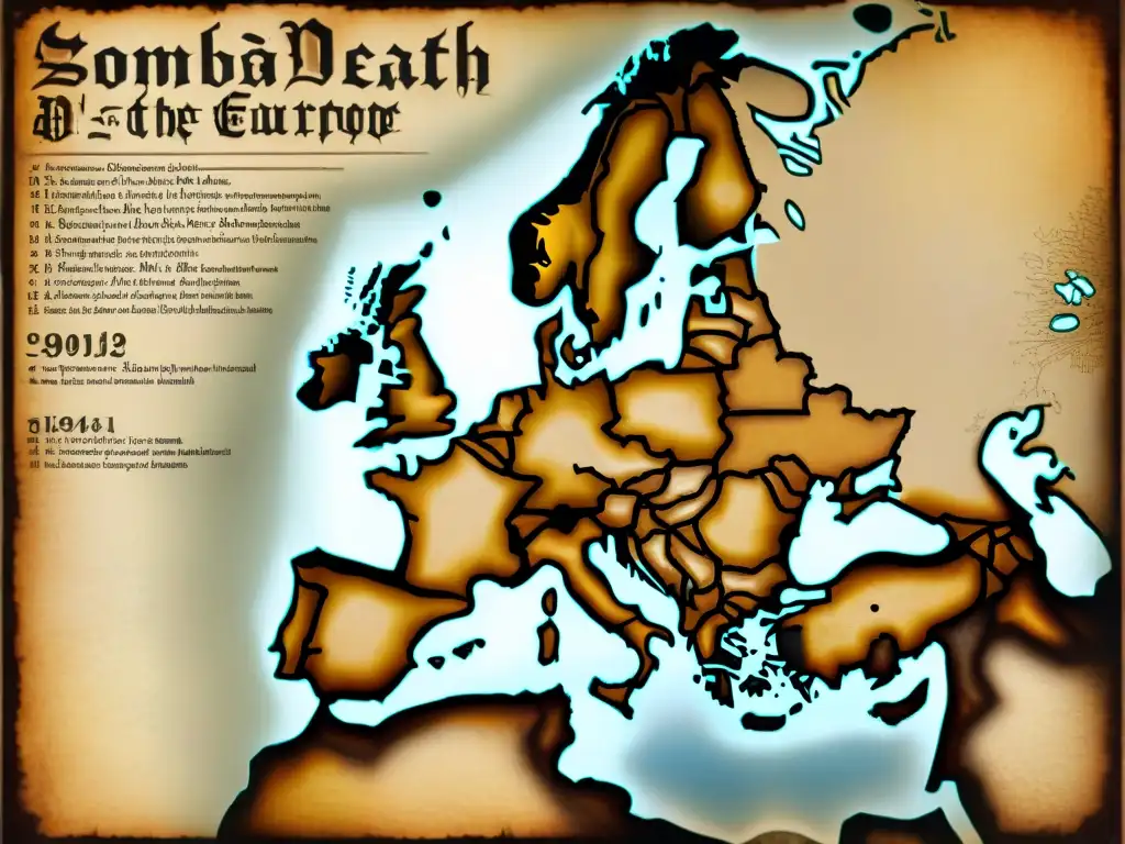 Mapa antiguo de la Peste: Detallado mapa sepia del siglo XIV que muestra la propagación de la Peste Negra en Europa