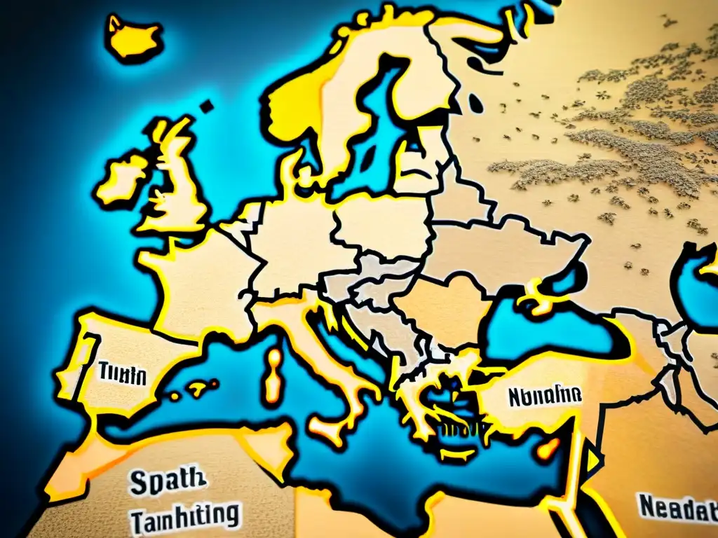 Mapa antiguo de la Peste: Detallado mapa sepia del siglo XIV con ilustraciones de la propagación de la Peste Negra y ciudades afectadas