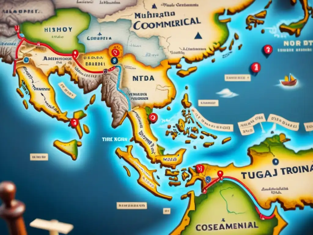 Mapa antiguo sepia de rutas comerciales, ciudades y mercaderes