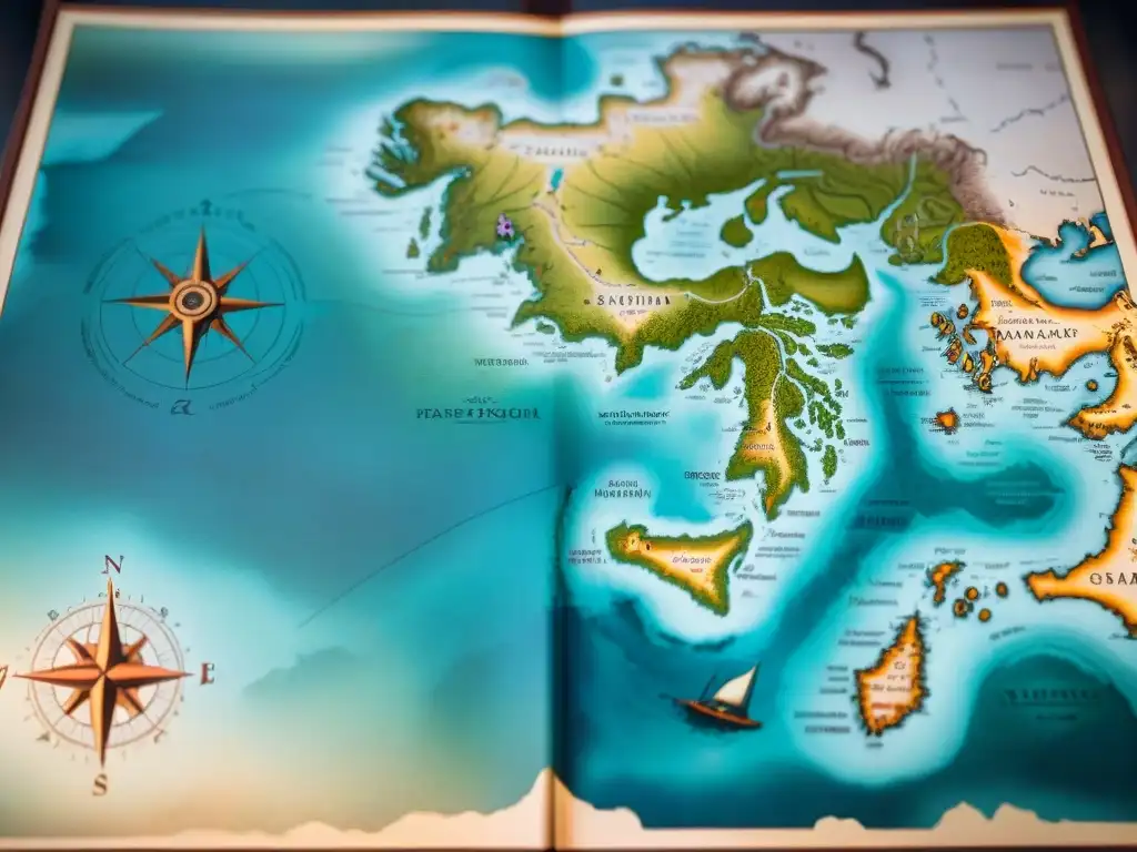 Mapa antiguo de rutas marítimas con rosas de los vientos y monstruos marinos, transmitiendo historia de la cartografía digital