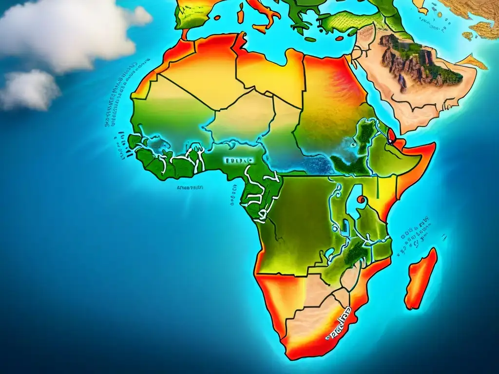 Mapa antiguo de África del siglo XVI con detalles de la costa, cordilleras y rutas comerciales