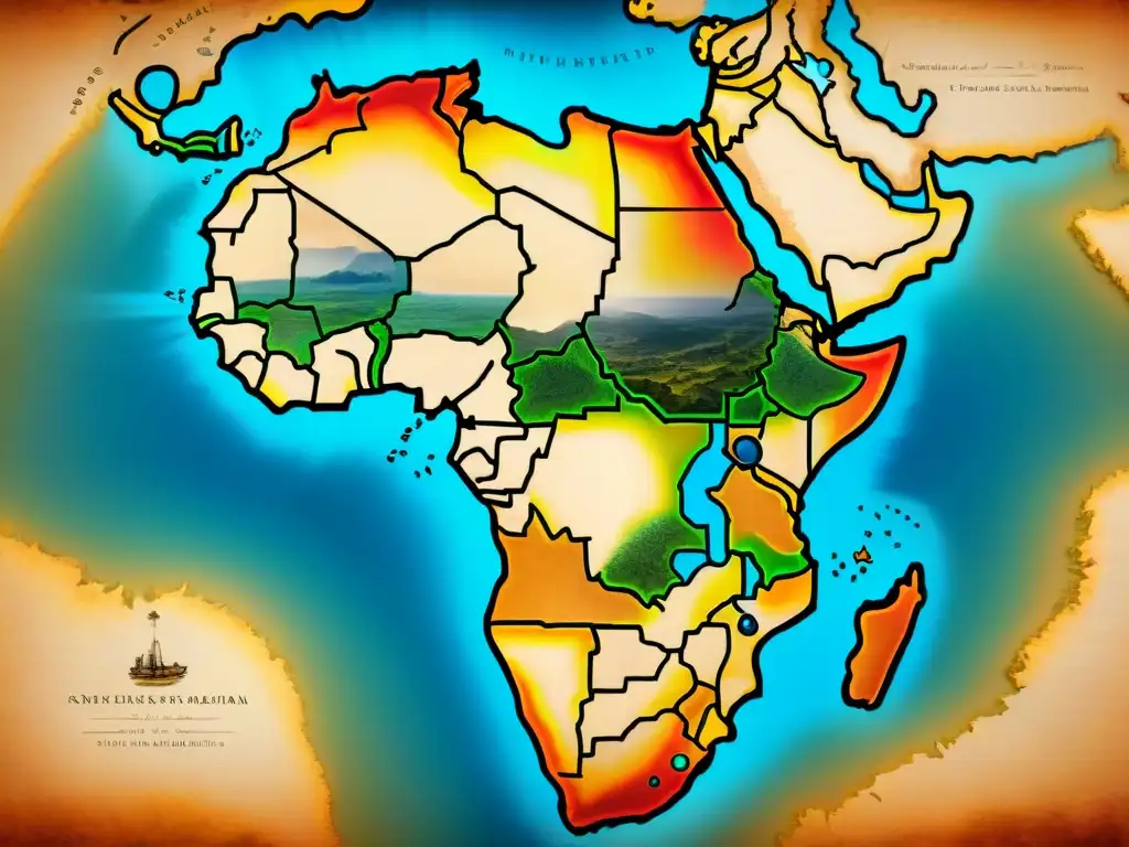 Mapa antiguo de África del siglo XVII detallando su geografía, rutas comerciales y vida silvestre, reflejando la evolución cartográfica