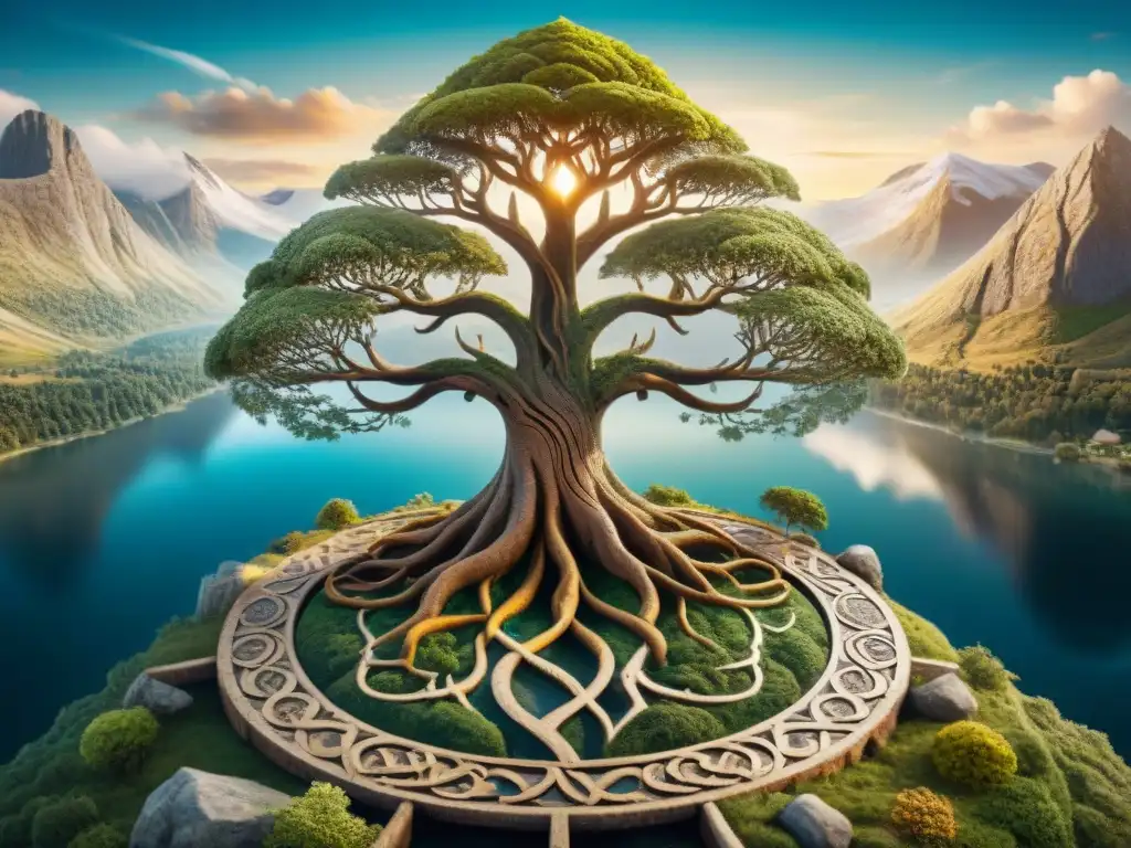 Mapa antiguo con Yggdrasil, el Árbol del Mundo en la mitología nórdica, rodeado de criaturas míticas