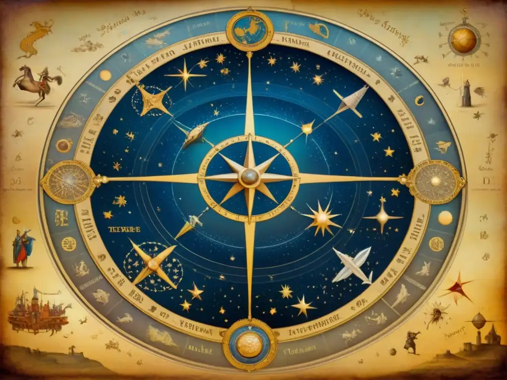 Mapa celestial medieval detallado con constelaciones, signos zodiacales y criaturas míticas