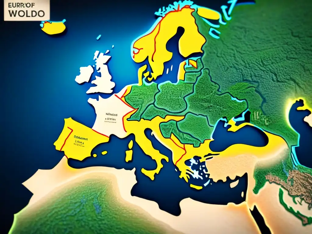 Mapa de Europa con ciudades antiguas y criaturas míticas, rosas de los vientos y monstruos marinos, inscripciones latinas y símbolos místicos