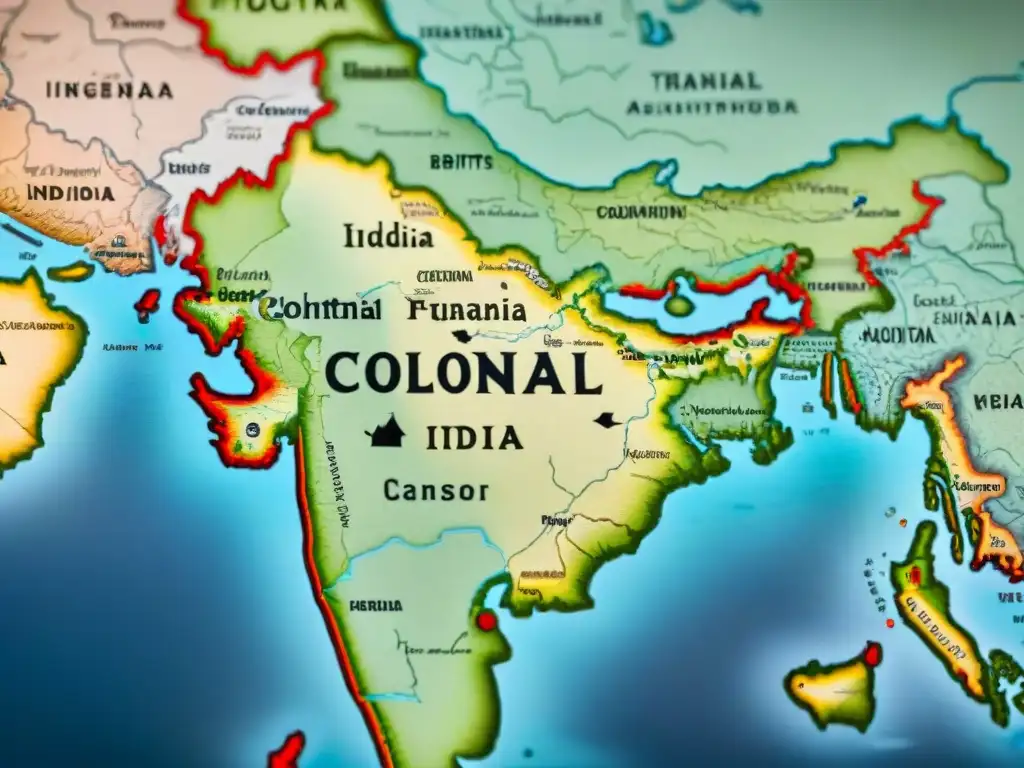 Mapa colonial detallado de la India con edificios coloniales británicos y paisajes indios, evocando historia y transformación